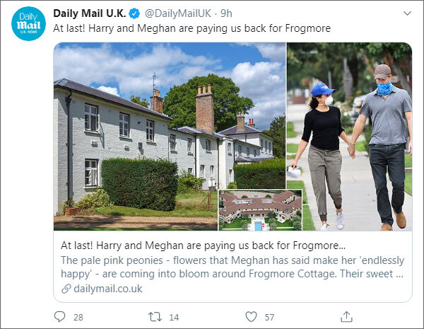 «Наконец-то! Гарри и Меган расплачиваются с нами за Фрогмор». Анонс статьи Эмили Эндрюс в твиттере Daily Mail U.K. (https://twitter.com/DailyMailUK)