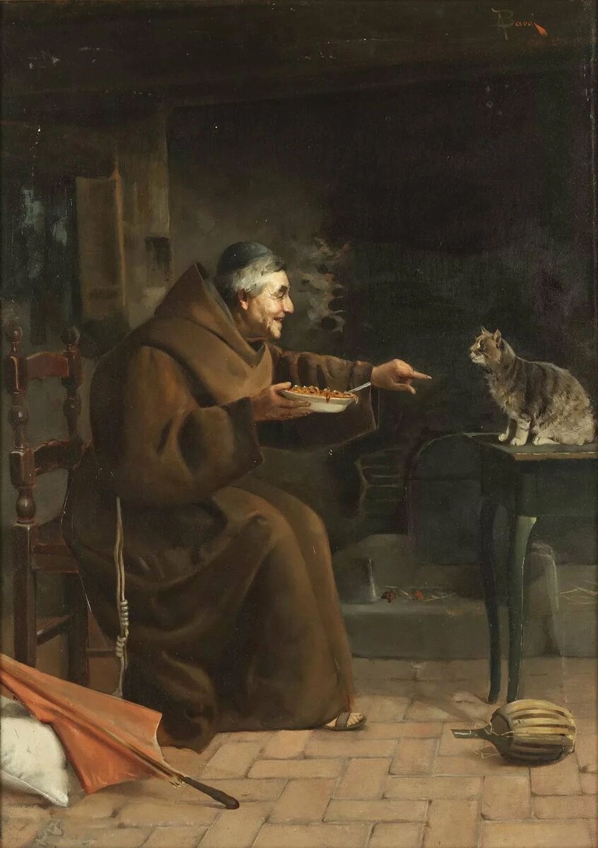 Адольфо Баччи. Капуцин, кормящий кошку. 1880-е - 1890-е. Холст, масло. 58х42,5 см. Ярославский художественный музей