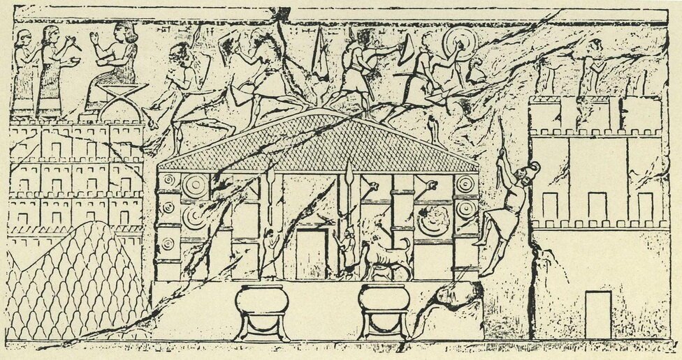 Изображение разграбления храма в  Мусасире ассирийскими войсками на барельефе из дворца Саргона II (722 —  705 до н. э.) в Дур-Шаррукине