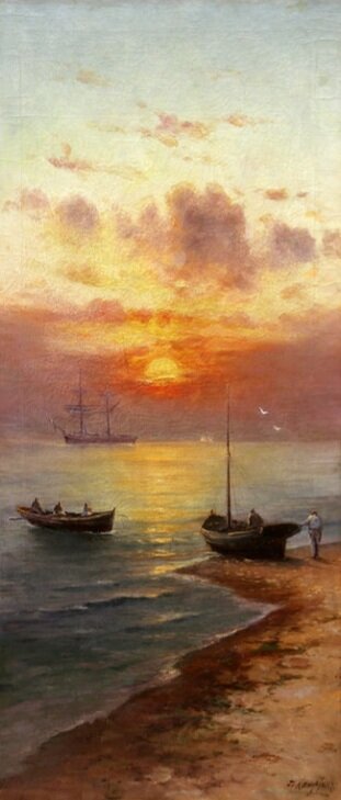 Григорий Иванович Капустин (1865-1925). Рассвет на море, первая четверь 20-ого века. Холст, масло. 80×36 см.