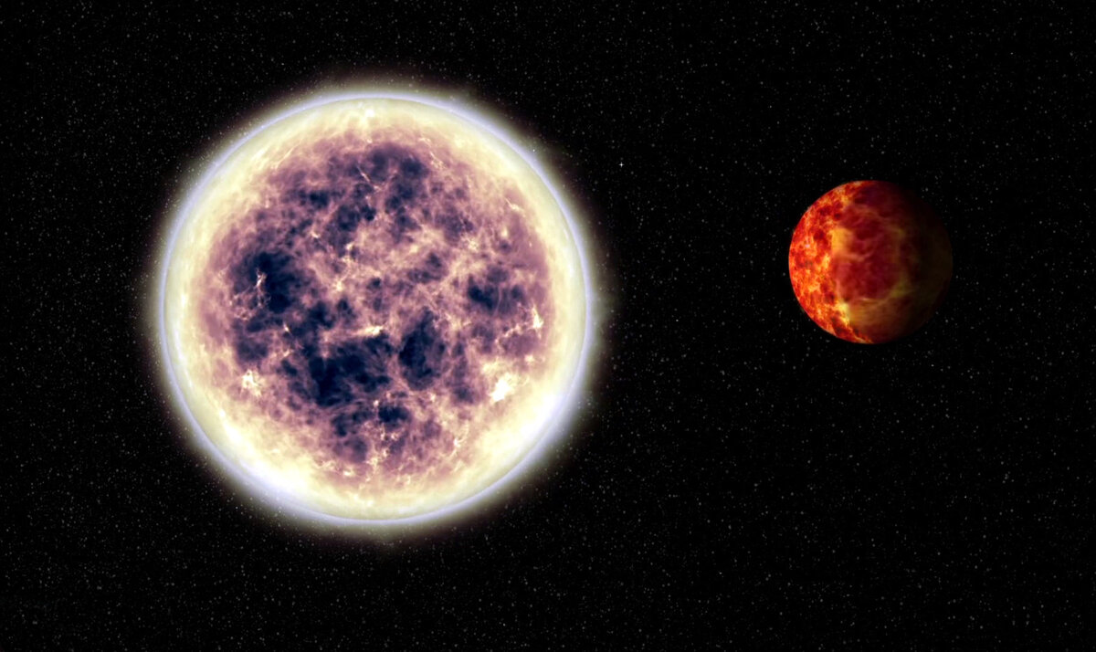 Представление художника о TOI-561, одной из старейших, наиболее бедных металлом звезд, в галактике Млечный Путь. У этой звезды имеется горячая каменистая экзопланета.