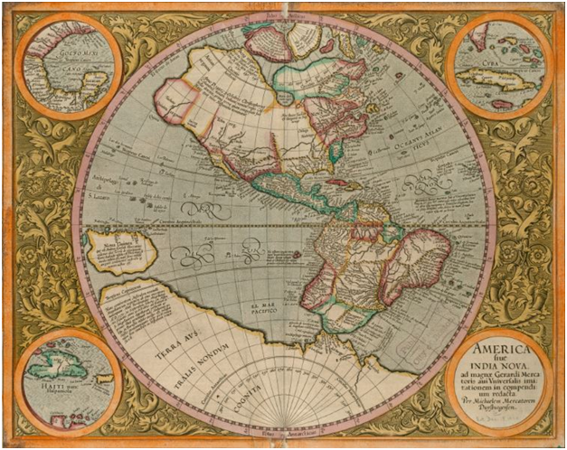 Карта 1596 года Меркатора; обратите внимание – закончилось завоевание царств инков и ацтеков, Америка уже более века под властью Испании, но представления о Новом Свете в Европе продолжают оставаться крайне примитивными даже в сугубо описательном плане (вроде “боливийского выступа” или настоящей величины Тихого океана)