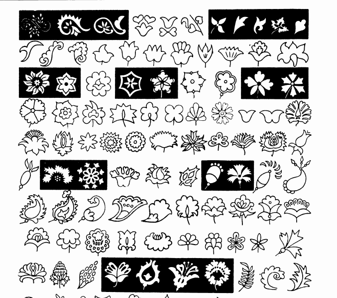 Из книги Фуада Валеева «Татарский народный орнамент». Цветочно-растительные мотивы в вышивках тамбуром, гладью (золото). В таблице показаны вариации переложения цветов на декоративный язык. В некоторых мы узнаем гвоздики, астры, хризантемы, тюльпаны.