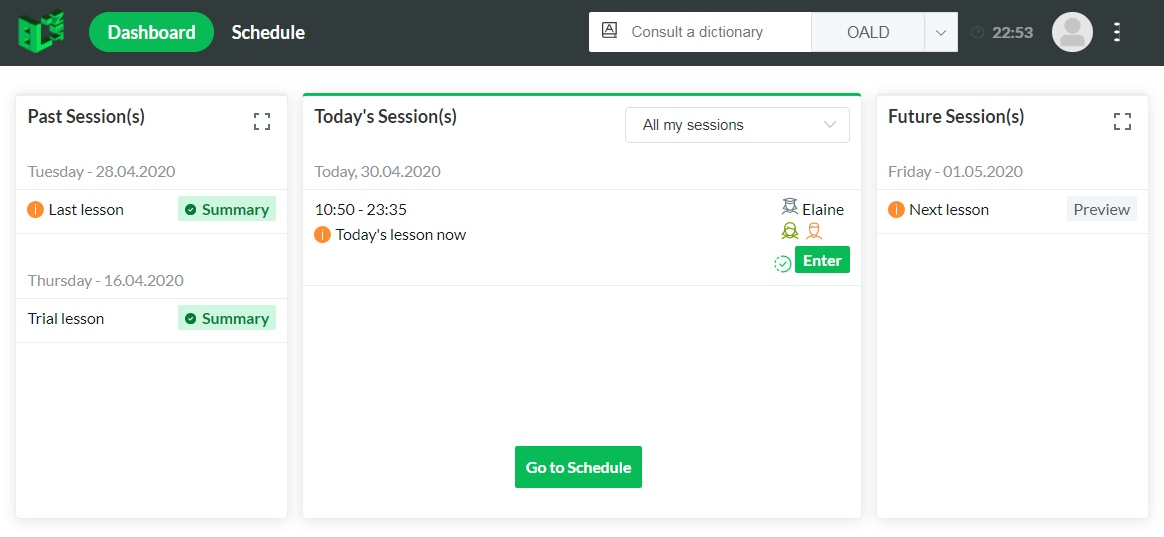 ELN Classrooms - так видит свои уроки ученик, входя на сайт 