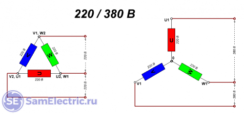 Двигатель на 220/380 В. Напряжения питания при включении по схемам “Звезда” и “Треугольник” 