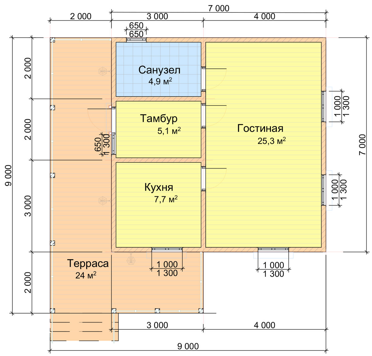 Каркасный или из бруса, дом 7х7 м., с мансардой, площадью 74 м² (Визуализация + планы этажей и фасады с размерами) ??