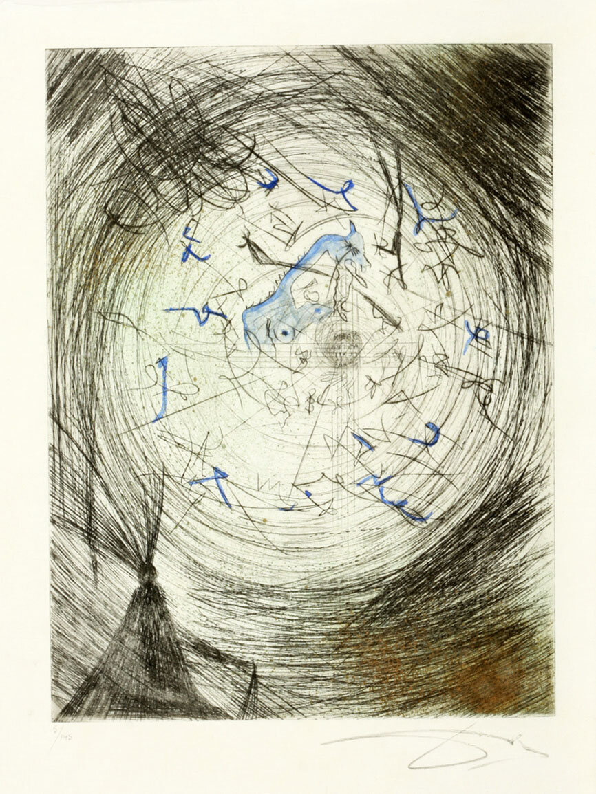 Сальвадор Дали,  Сатор. 1968−1969, серия "Фауст", японская бумага, гравюра на металле, металлическая пудра, акварель, лист 39х29 см, 5/145. Работа из собрания галереи "Арт Холдинг Татьяны Никитиной"