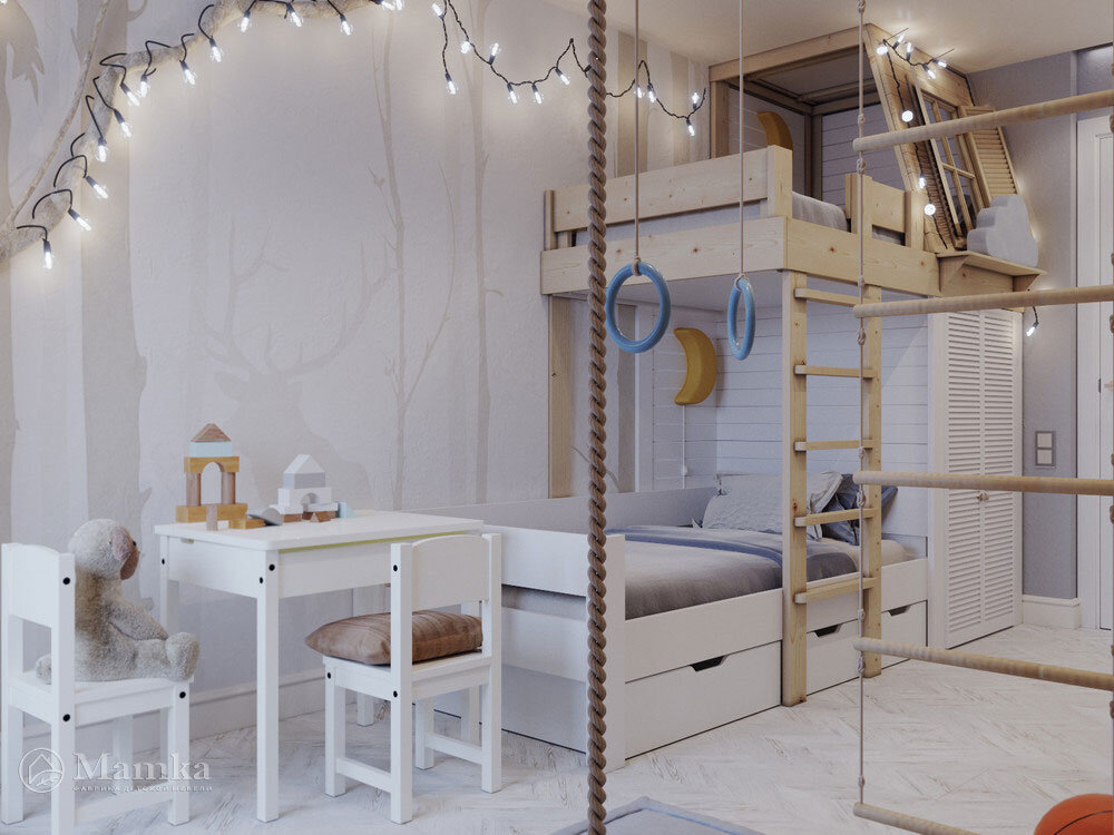 Дизайн детской для мальчика с двухъярусной кроватью 
