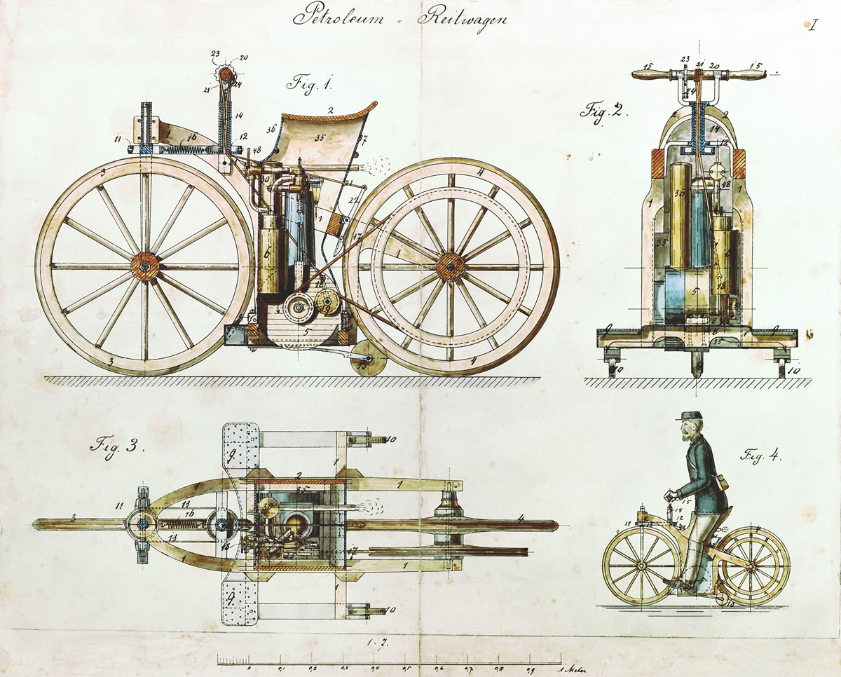 Мир чертежей. Готлиб Даймлер мотоцикл 1885. Daimler Reitwagen 1885 мотоцикл. Готлиб Даймлер первый мотоцикл. Мотоцикл Даймлера с ДВС 1885 года.