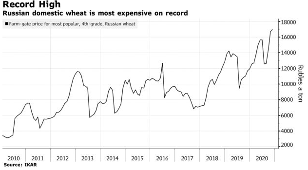 Динамика цены российского зерна по данным агентства IKAR