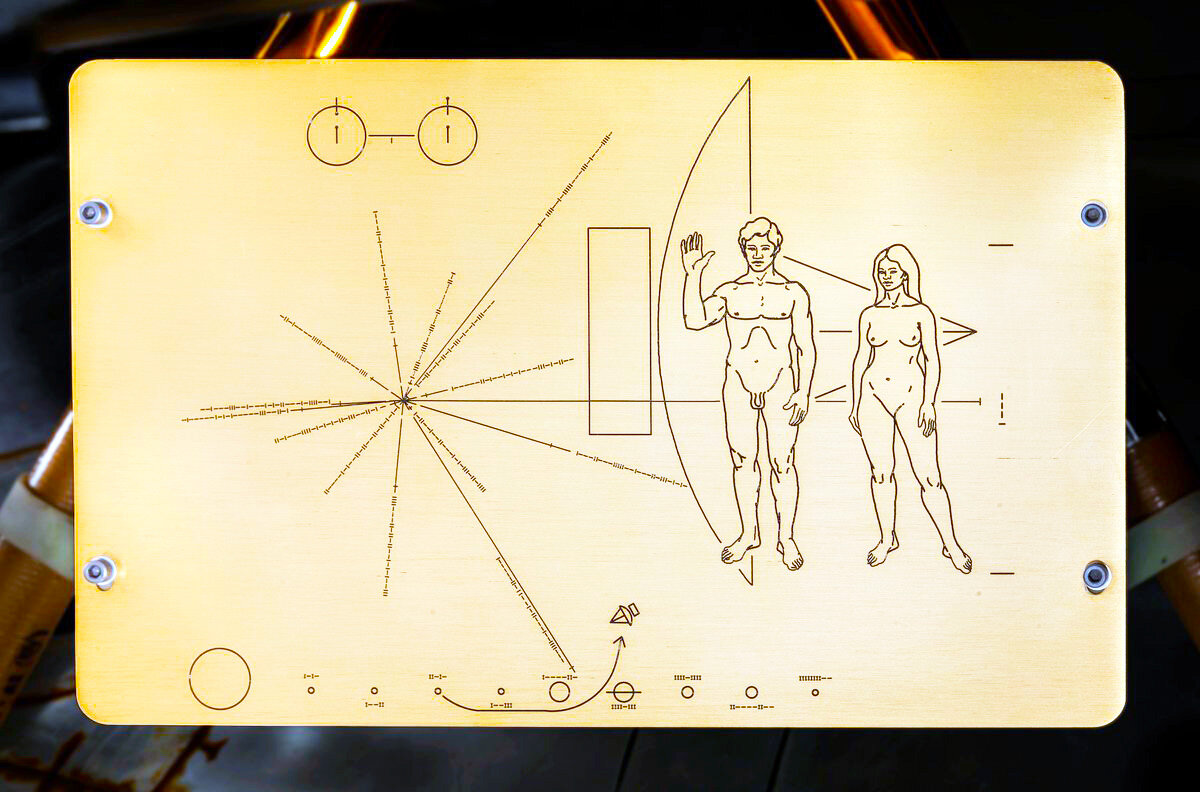 Шильдик из анодированного золотом алюминия закрепленного на "Пионере-10" 2/3/72 и "Пионере-11"  5/4/73 с ТТХ землян и путем их нахождения. Авторы шпионской шифровки для инопланетян супруги Саган из Корнельского университета. Фото реальное, не юмор