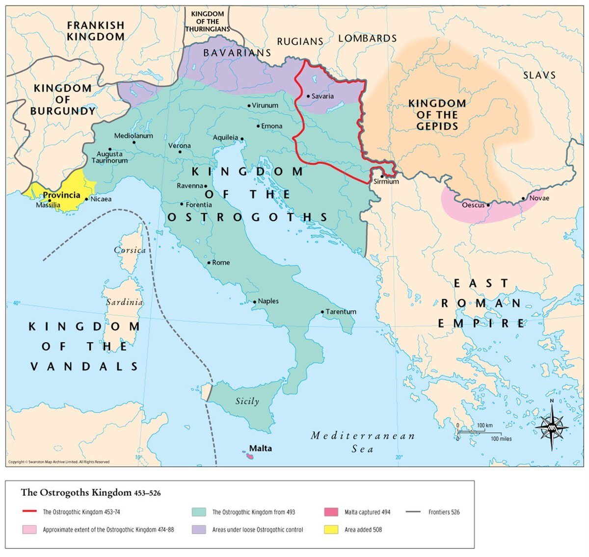 Королевство остготов в период максимального расширения в 5-6 веке.