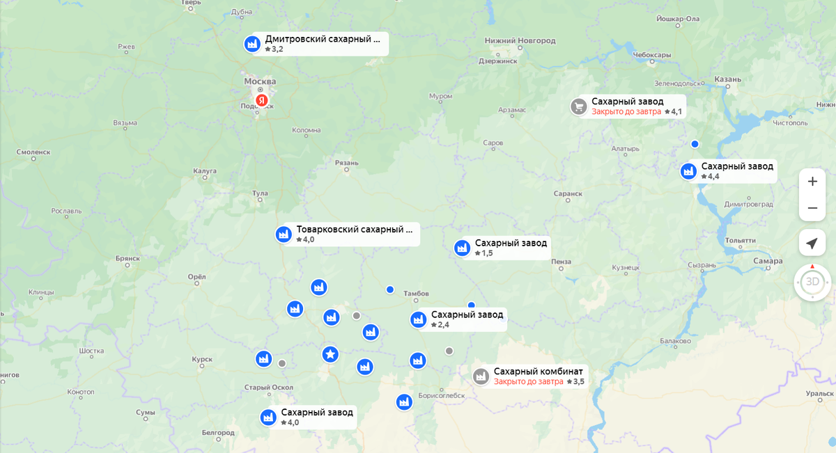 Карта крупных сахарных заводов РФ