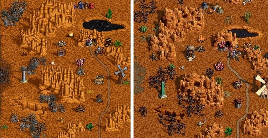 (Пустоши в «Героях 2» (слева) и их реинкарнация в HotA)