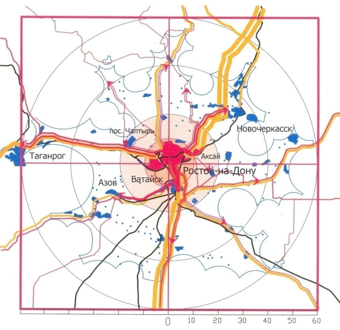 "Кольца" расстояний от ядра Ростовской агломерации, км. (источник: http://900igr.net/up/datai/54450/0004-004-.jpg)
