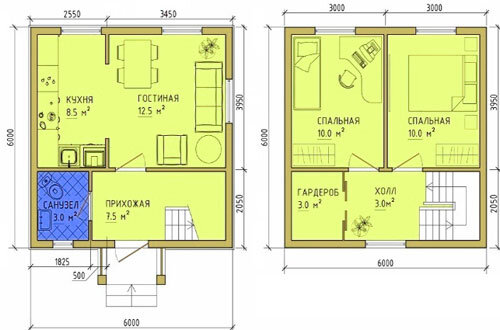 Двухэтажный дом 6х6 с двумя спальнями наверху, кухней и гостиной на первом этаже