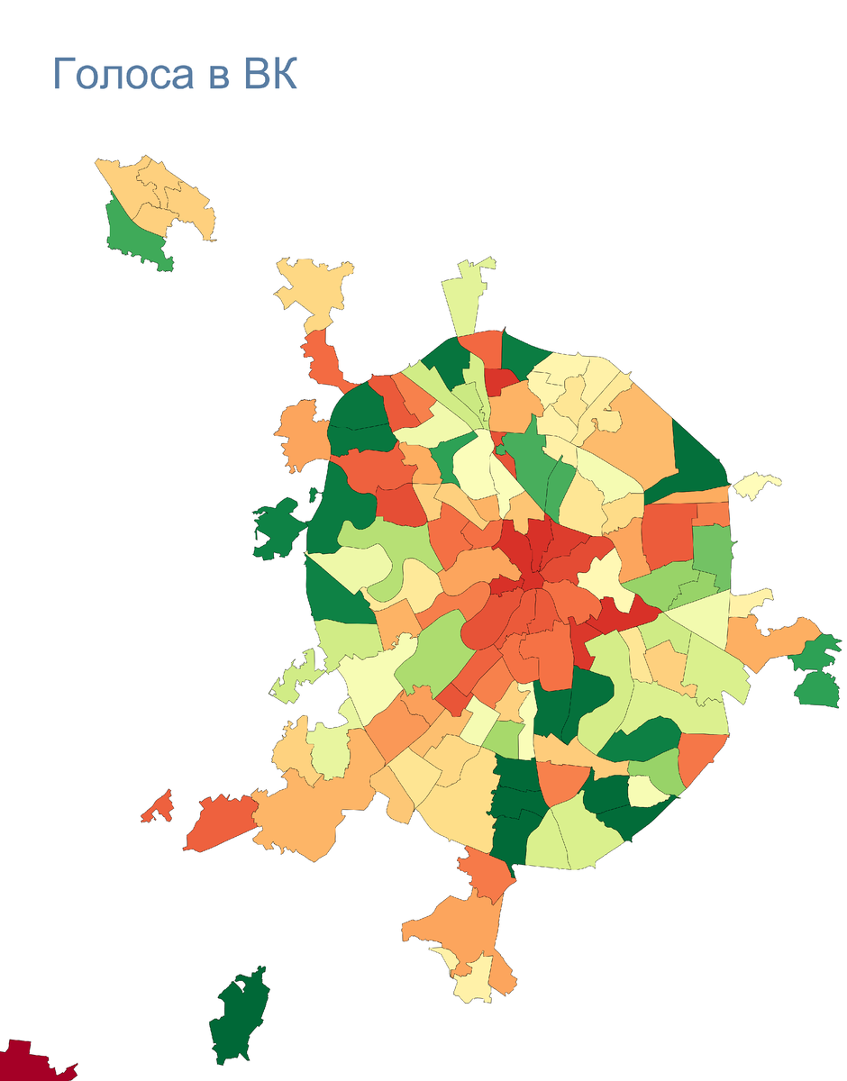 Карта 1 из 2. Распределение голосов во Вконтакте (от красного минимума до зелёного максимума). Листать вправо ➡︎➡︎