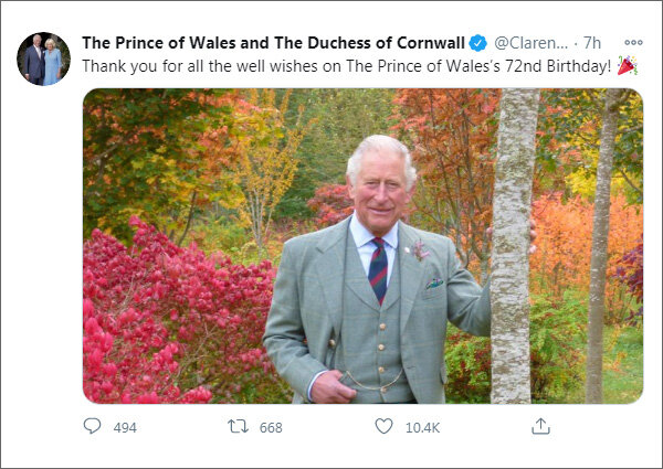 «Спасибо за все добрые пожелания в день рождения принца Уэльского!» Из твиттера Кларенс-хауса (https://twitter.com/ClarenceHouse)