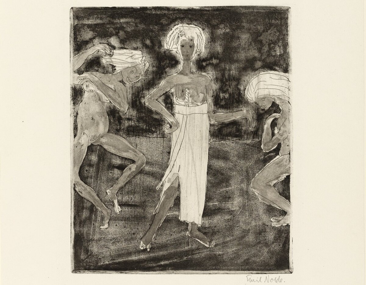 Эмиль Нольде (1867 – 1956) "Молодой принц и танцовщицы” 1918 г.,  26.3 x 21.8 см, офорт, акватинта