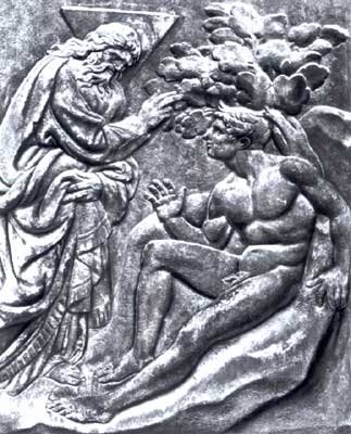 Сотворение Адама. 
Рельеф Якопо делла Кверча на портале собора св. Петра в Болонье.
1425—35.

