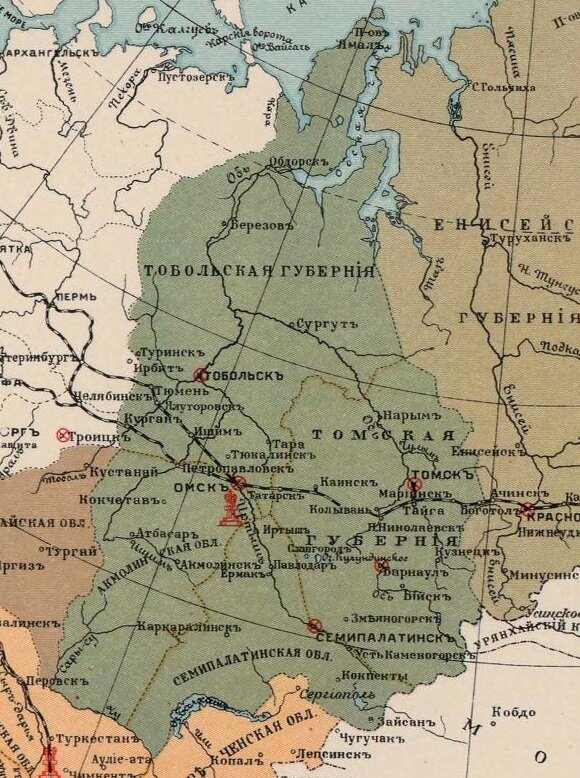 Схема расположения судебных округов на карте. Число округов, в которых имелись окружные суды со временем росло. Центром неизменно оставался Омск, где и находилась судебная палата. 