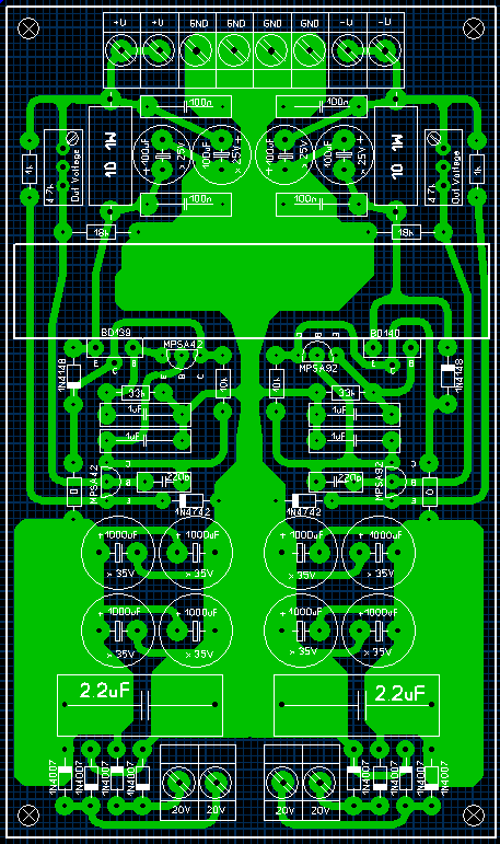 Печатная плата маломощного стабилизированного блока питания для предварительных усилителей с подстройкой выходного напряжения в окне программы Sprint Layout 5