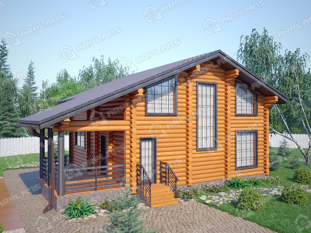 Фото 2 деревянного двухэтажного дома из бревна с мансардой, 3 спальнями, вторым светом, балконом, эркером и террасой. Общая площадь 140 кв м. Источник arplans.ru Проект ДО-049