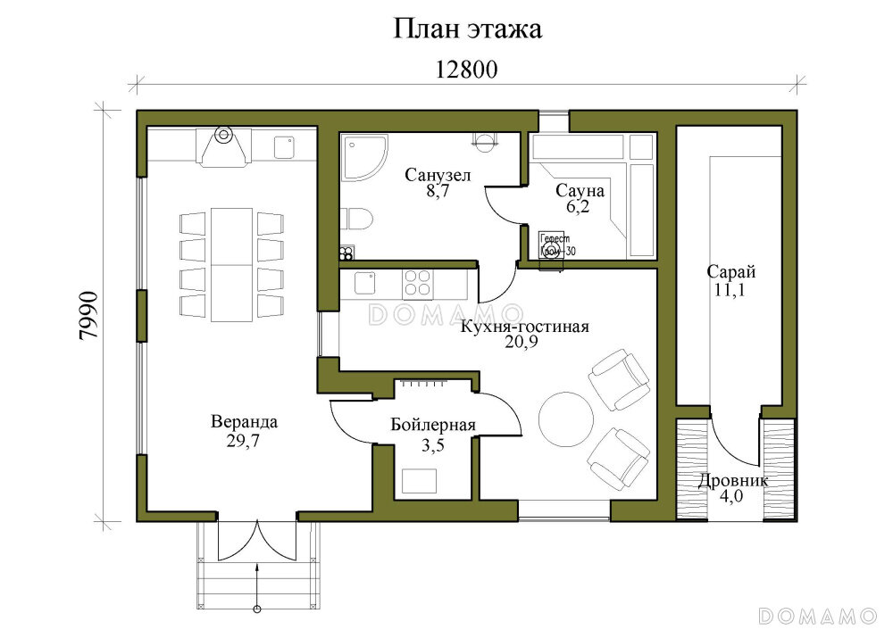 Проект бани с террасой и хозблоком Проекты угловых бань с террасой и барбекю: фото Современный дизайн мебели, Проек