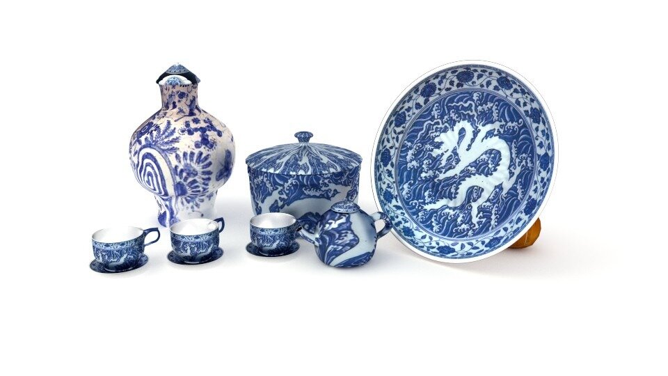Чайный набор эпохи Мин. Именно такой фарфор, с традиционным синим рисунком, был воплощением мечты о прекрасном европейцев в XVII-XVIII веке