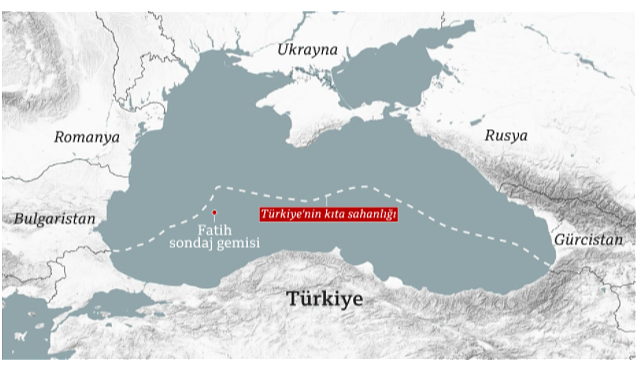 Пунктиром обозначены морские границы на Черном море принадлежащие Турции.