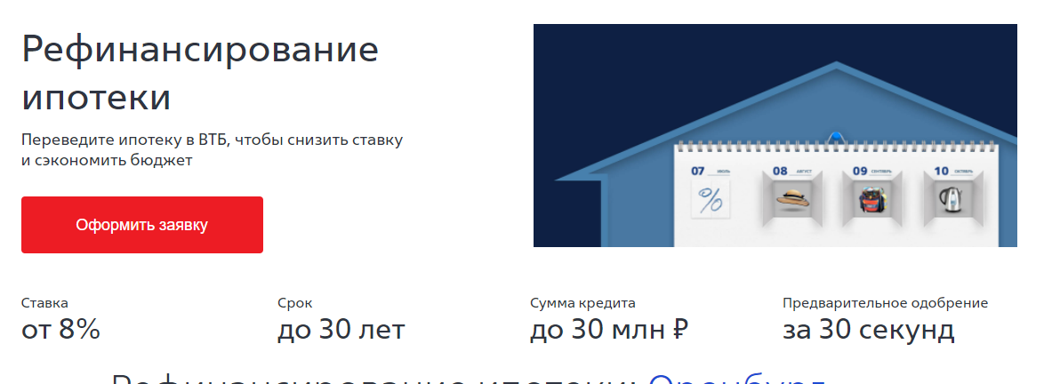 Рефинансирование ипотеки в ВТБ