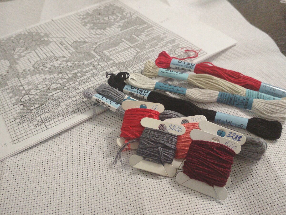 Ниточки и распечатанная схема, канва