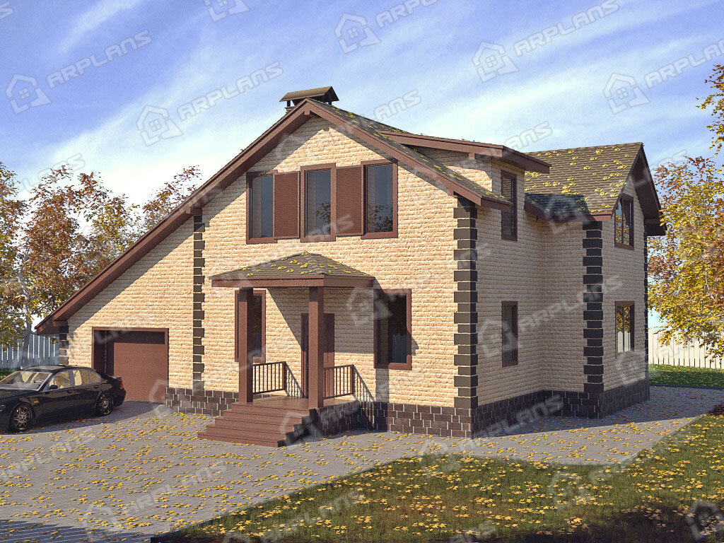 Фото 1 двухэтажного дома из газобетона с мансардой, 3 спальнями, гостевой, газовой котельной, гаражом и террасой. Общая площадь 190 кв м. Источник arplans.ru Проект К-080