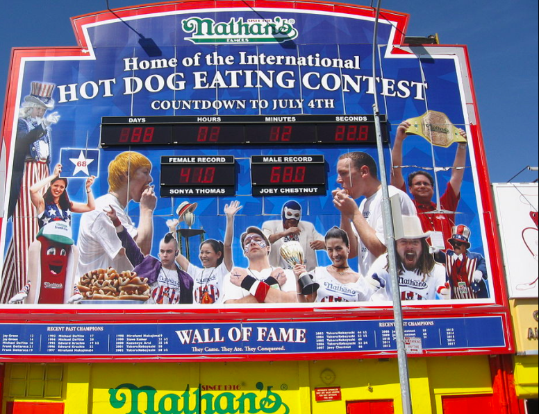 Табло закусочной Nathan’s Famous в Кони-Айленде где проводится чемпионат 