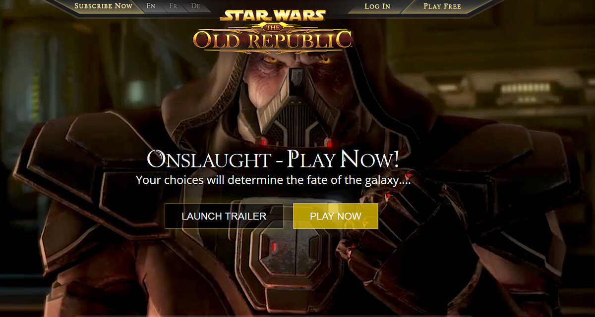 Скриншот главной страницы swtor.com с эффектным Дартом Малгусом крупным планом