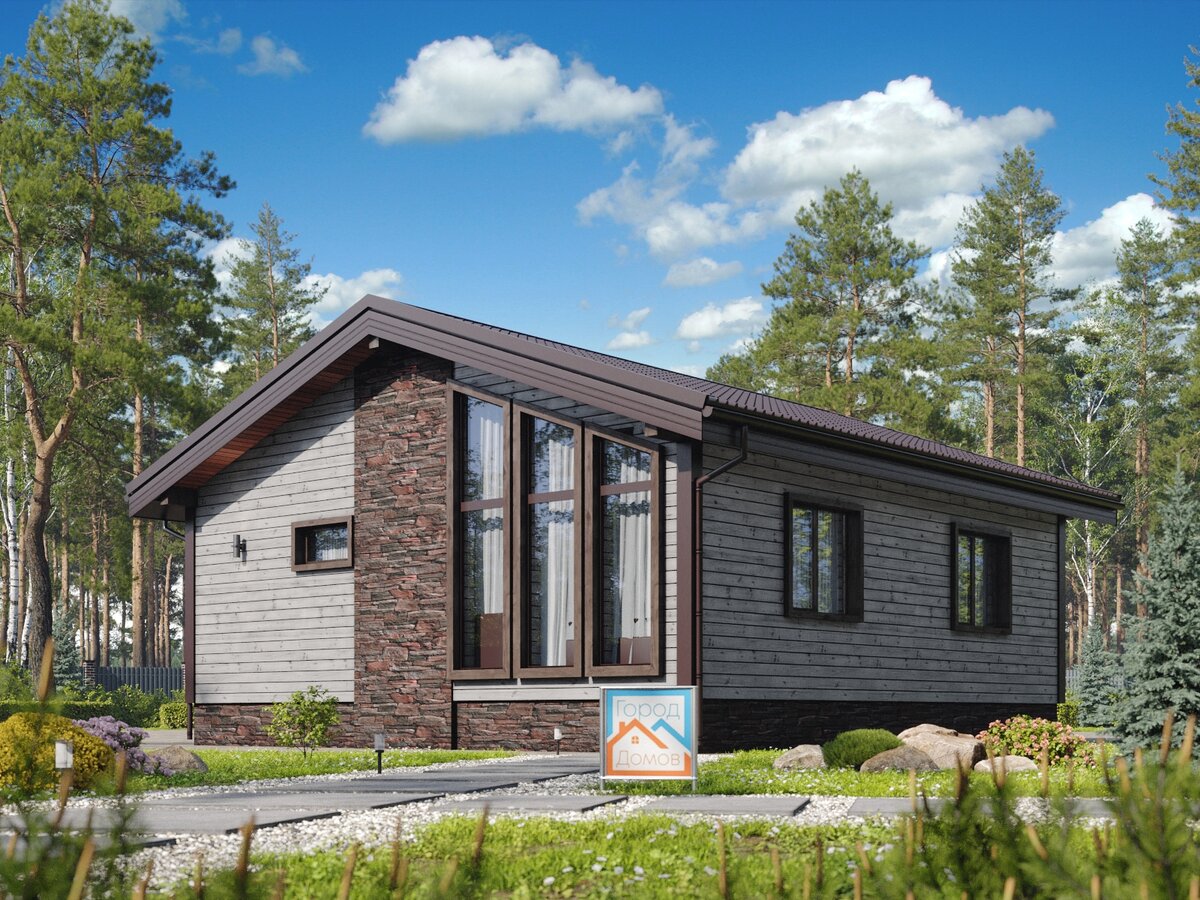 Одноэтажный каркасный дом «Хельсинки» (64 м2) от Строительной компании Город Домов. Источник: https://goroddomov.ru