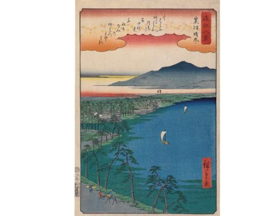 Рисунок 4 – 10. На гравюре Андо Хиросигэ показано как выглядела область Дзэдзэ в 1850 году. Обратите внимание на замок Дзэдзэ, который изначально был частично окружен озером Бива. К сожалению, замок был разрушен в период Мэйдзи. (Из Оми Хаккэй)