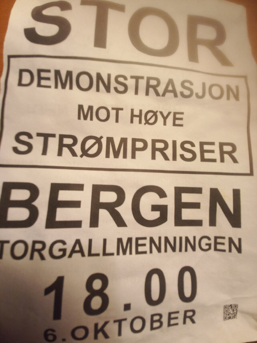 Листовка, призывающая всех жителей Бергена и окрестностей к участию в "большом митинге против повышения цен на электроэнергию"