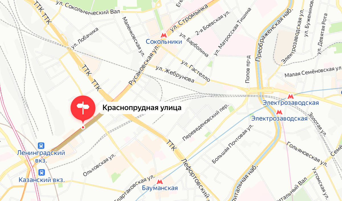 Расположение Краснопрудной улицы на современной карте Москвы. Яндекс.Карты.