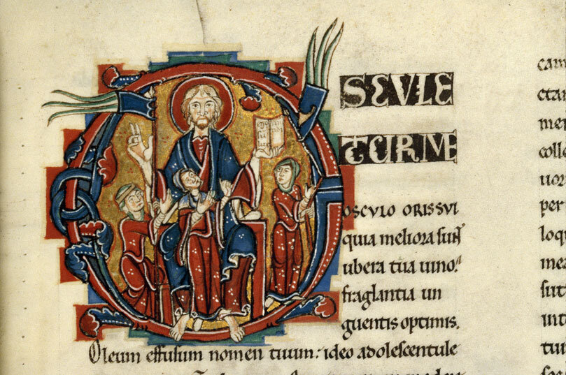  Слева мама Церковь, которая уже с ним, на коленях сидит Суламифь, то есть те из рода Израилева, которые возлюбят Христа и уверуют в Него, и справа Синагога. Уходит, в последний раз обернувшись. Грустная история. Bible de Saint-Bénigne, XII век.