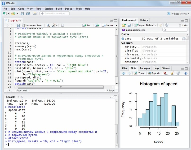 Пример кода в среде RStudio на языке R