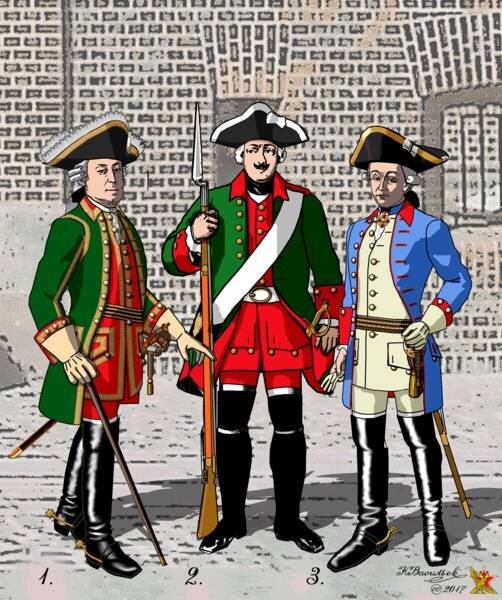 Василий  Иванович Суворов и сын Александр в Кёнигсберге (реконструкция): 1.  Пехотный генерал (Василий Иванович Суворов). 2. Мушкетёр пехотного  полка. 3. Штаб-офицер драгунского полка (Александр Васильевич Суворов).