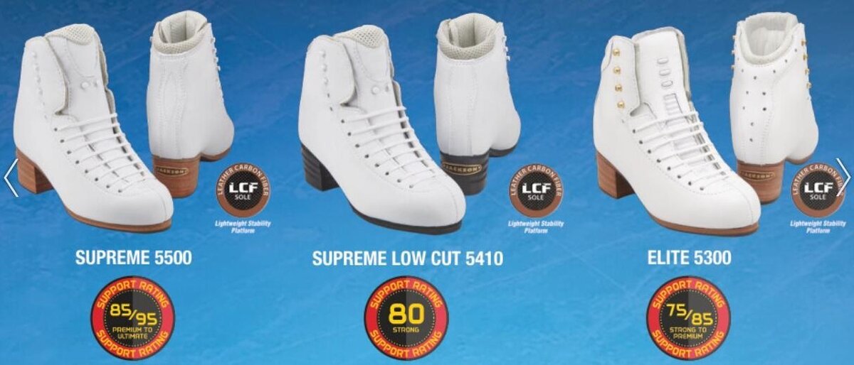 Продукция Jackson для профессиональных фигуристов (на круглых значках внизу указан индекс жесткости модели)