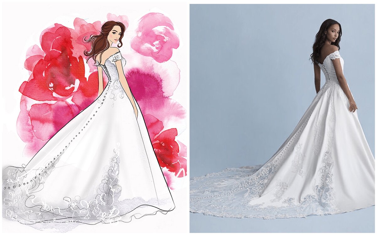 Эскиз и фото свадебного платья в стиле Белль, источник фото: https://disneyfashionista.com/
