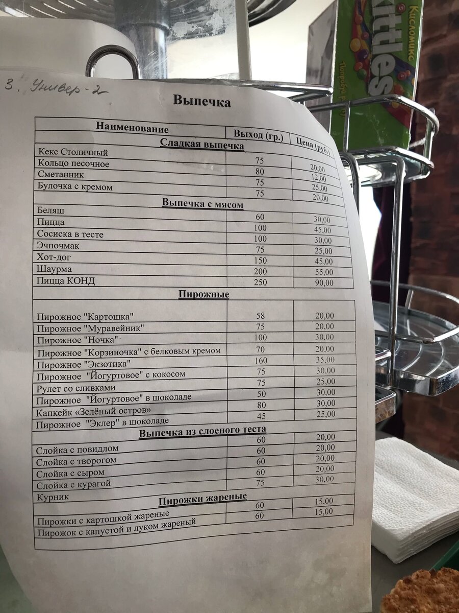 Прайс лист на выпечку в буфете
