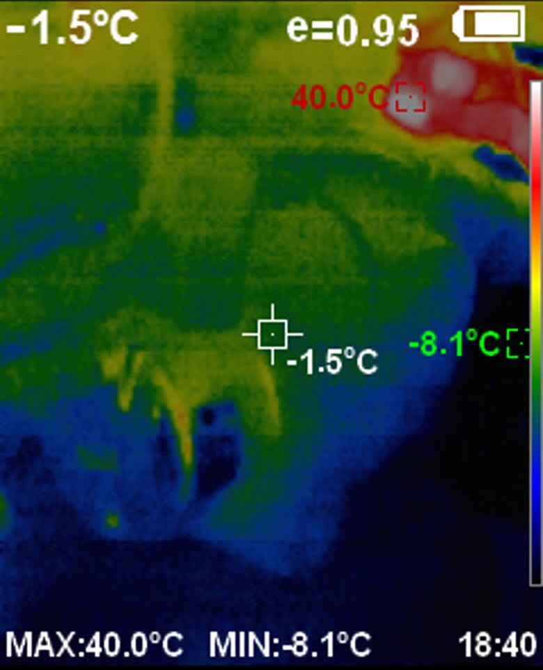 Указатель на насосной станции -1.5 °C , с улицы через открытую дверь воздух принёс -8.1°C на улице - 32°C. Энергосберегающая лампа +40°C 