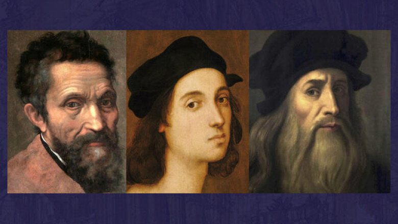 Коллаж из портретов Микеланджело Буонарроти, Рафаэля Санти и Леонардо да Винчи.