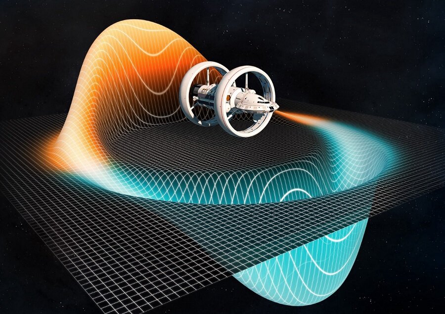 Космический корабль с варп-двигателем, который сжимает пространство перед кораблем, и расширяет за ним  (изображение из открытого доступа, https://ab-news.ru/2019/06/05/mezhzvezdnoe-puteshestvie-7-kosmicheskih-korabley-dlya-pokoreniya-kosmosa/). Пояснения к рисунку см.  в Post Scriptum. 
 