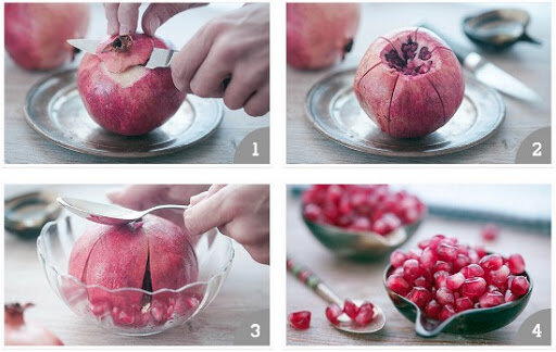 Гранат очень вкусный и крайне полезный фрукт, вот только чистить его достаточно затруднительно – толстая кожура, внутренние перепонки и прожилки. Иногда даже не хочется есть гранат только из-за того, что надо повозиться, чтобы добраться до вкусных зерен. Однако существует хитрость в «разделывании» граната, которая позволит его очистить буквально за минуту, а то и меньше. Для этого: возьмите гранат и острый небольшой нож, срежьте верхушку (где хвостик), а затем сделайте надрезы вдоль всех прожилок, как это показано на фото. Остается лишь перевернуть гранат на тарелке и постучать по нему ложкой. Еще один совет: берите тарелку с высокими бортиками, чтобы ничего не запачкать.