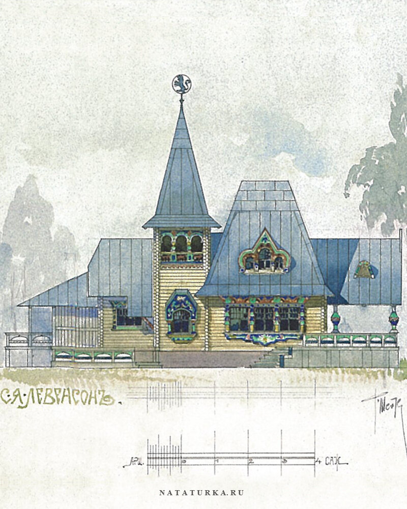 Ф. Шехтель Дача С.Я. Левенсон. Главный фасад, 1900. Бумага, цветная тушь, акварель. Из собрания Музея архитектуры им. А.В. Щусева